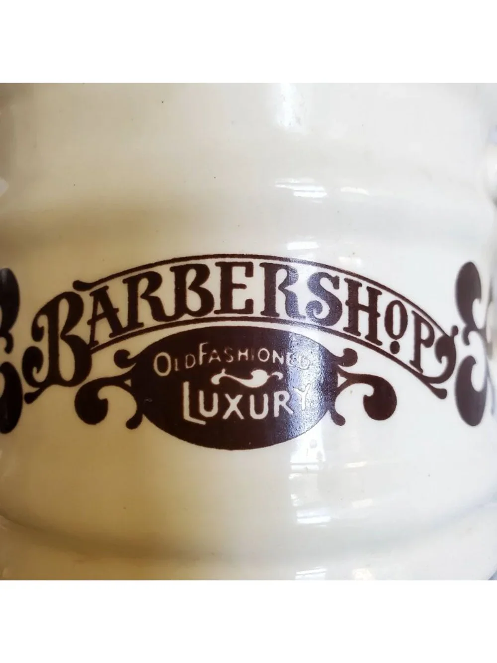 Vtg NOS Barber Shop Shaving Mug Brown on ivory Gold Rim 15 oz Ceramic Cup READ